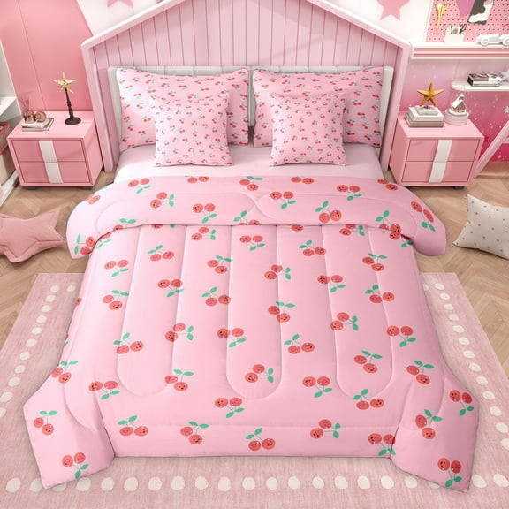 Homewish Kawaii Sweet Cherry 7-Piece Twin Bedding Sets,Cute Fruit Bedding Comforter Set,Pink Red Green Sheet Sets For Girls Teens,Breathable Home Decor Reversible