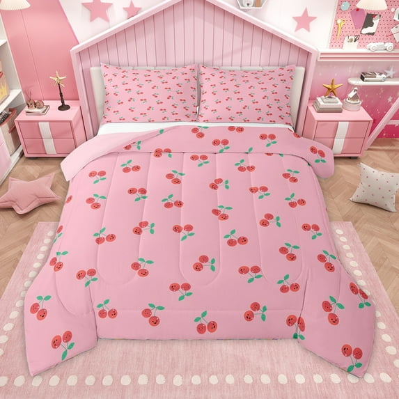 Homewish Kawaii Sweet Cherry Bedding Comforter Set,Cute Fruit Twin Comforter Sets,Pink Red Green Bedding Set For Girls Teens,Breathable Home Decor Reversible,2-Piece