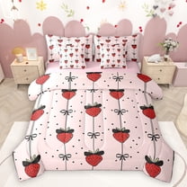 Homewish Kawaii Sweet Strawberry 7-Piece Twin Bedding Sets,Cute Bowknot Ribbon Bedding Comforter Set,Black Polka Dots Sheet Sets For Girl Teens,Super Cozy Room Decor Reversible