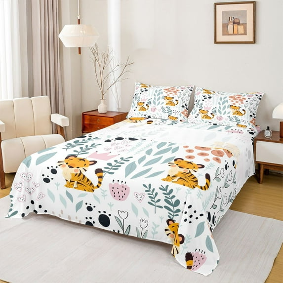 Homewish Kawaii Tiger Wildlife 4-Piece Full Size Sheets for Child Boys Girls,Chic Floral Flower Bed Sheets,Cartoon Animal Lightweight Sheet Sets,Super Cozy Room Decor