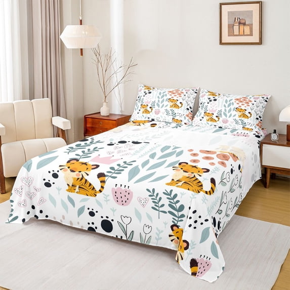 Homewish Kawaii Tiger Wildlife 4 Pieces Queen Sheet Sets for Child Boys Girls,Chic Floral Flower Ultra Soft Flat Sheet,Cartoon Animal Queen Fitted Sheet,Super Cozy Room Decor