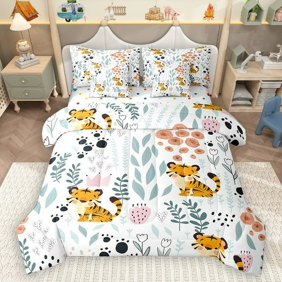 Homewish Kawaii Tiger Wildlife 7 Pieces Bedding Comforter Set for Child Boys Girls,Chic Floral Flower Full Bedding Set Lightweight,Cartoon Animal Fitted Sheet Flat Sheet,Super Cozy Room Decor
