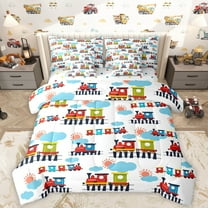 Homewish Kawaii Train 7-Piece Twin Bedding Sets,Cartoon Vehicles Car Bedding Comforter Set,Red Blue White Sheet Sets For Boys Teens,Microfiber Bedroom Decor Reversible