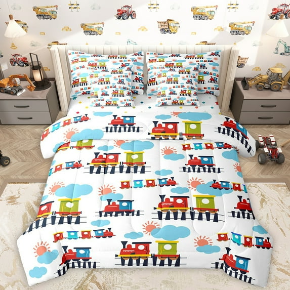 Homewish Kawaii Train 7-Piece Twin Bedding Sets,Cartoon Vehicles Car Bedding Comforter Set,Red Blue White Sheet Sets For Boys Teens,Microfiber Bedroom Decor Reversible