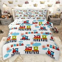 Homewish Kawaii Train Bedding Comforter Set,Cartoon Vehicles Car Twin Comforter Sets,Red Blue White Bedding Set For Boys Teens,Microfiber Bedroom Decor Reversible,2pcs