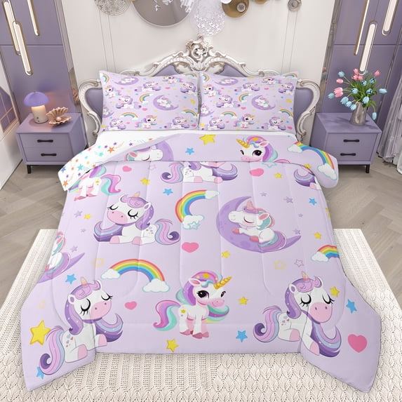 Homewish Kawaii Unicorn 3 Pieces Queen Comforter Set for Kids Children,Dreamy Princess Ultra Soft Bedding Sets,Cartoon Rainbow Magical Horse Bedding Comforter Set Breathable