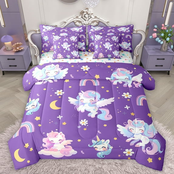 Homewish Kawaii Unicorn 7-Piece Twin Bedding Sets,Fairy Tale Theme Bedding Comforter Set,Cute Cartoon Rainbow Sheet Sets For Kids,Ultra Soft Home Decor Reversible