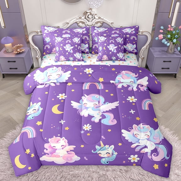 Homewish Kawaii Unicorn 7-Piece Twin Bedding Sets,Fairy Tale Theme Bedding Comforter Set,Cute Cartoon Rainbow Sheet Sets For Kids,Ultra Soft Home Decor Reversible