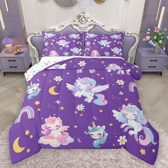 Homewish Kawaii Unicorn Bedding Comforter Set,Fairy Tale Theme Twin Comforter Sets,Cute Cartoon Rainbow Bedding Set For Kids,Ultra Soft Home Decor Reversible,2 Pieces