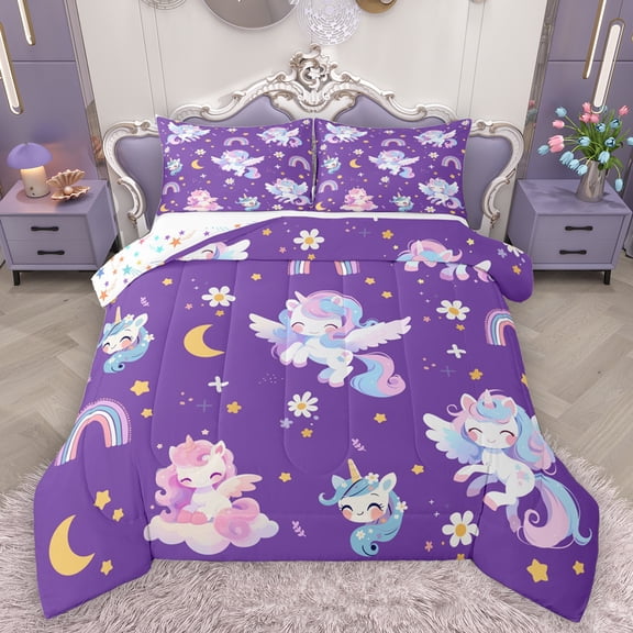 Homewish Kawaii Unicorn Bedding Comforter Set,Fairy Tale Theme Twin Comforter Sets,Cute Cartoon Rainbow Bedding Set For Kids,Ultra Soft Home Decor Reversible,2 Pieces