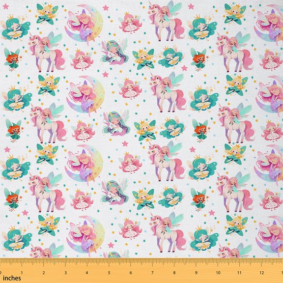 Homewish Kawaii Unicorn Fabric by the Yard 1 Yard,Pink Cartoon Animal Home Decor Fabric by the Yard,Fairy Tale Elf Sewing Fabric For Princess,Breathable Home Decor