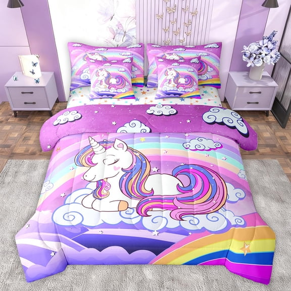Homewish Kawaii Unicorn Horse Bedding Comforter Set 7pcs, Galaxy Rainbow Cloud King Bedding Sets, Cute Cartoon Theme Reversible Bed Sheets, Microfiber Bedroom Decor
