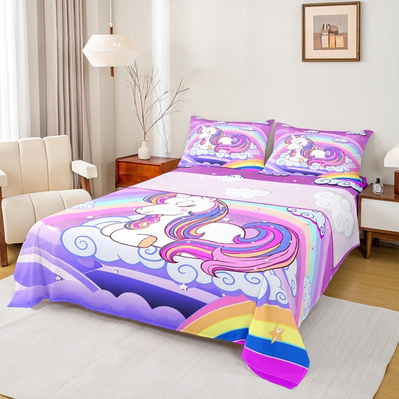 Homewish Kawaii Unicorn Horse Twin Sheet Sets, Galaxy Rainbow Cloud Twin Fitted Sheet, Cute Cartoon Theme Flat Sheet, Microfiber Bedroom Decor, 3pcs