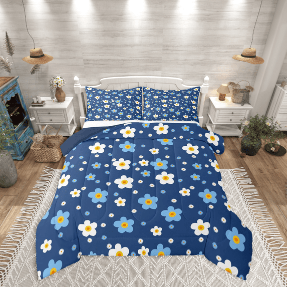 Homewish Kawaii Vintage Flowers 3-Piece Full Size Comforter Sets For Boys Girls,Blue White Floral Blossoms Bedding Comforter Set,Spring Garden Lightweight Bedding Sets,Luxury Bedroom Decor