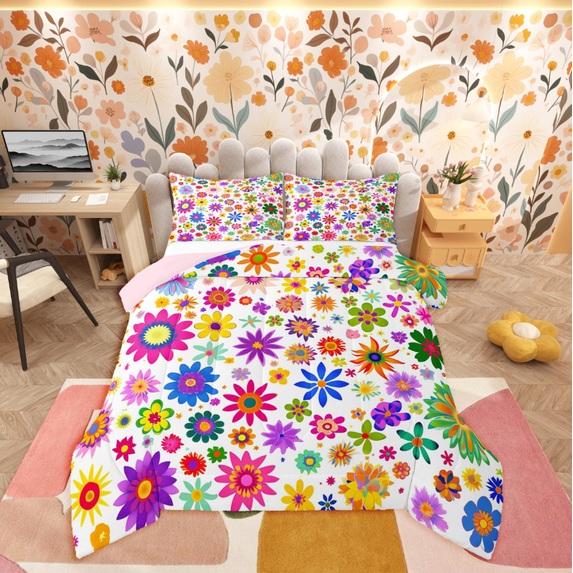 Homewish Kawaii Vintage Flowers 3-Piece Full Size Comforter Sets For Boys Girls,Colorful Floral Blossoms Bedding Comforter Set,Spring Garden Lightweight Bedding Sets,Luxury Bedroom Decor,Reversible