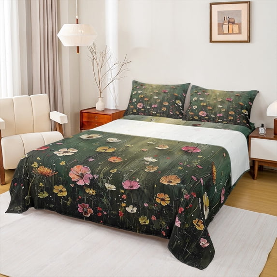 Homewish Kawaii Vintage Flowers 4 Pieces Queen Sheet Sets For Boys Girls,Colorful Floral Blossoms Ultra Soft Flat Sheet,Abstract Watercolor Art Queen Fitted Sheet,Luxury Bedroom Decor