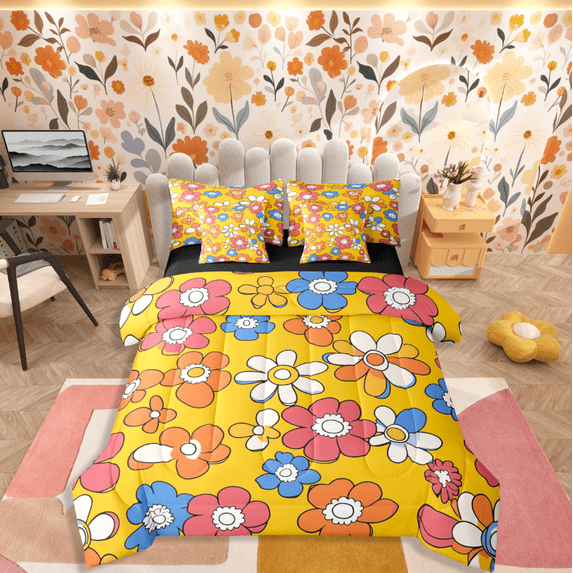 Homewish Kawaii Vintage Flowers 7-Piece Bedding Comforter Set For Boys Girls,Colorful Floral Blossoms King Bedding Sets,Spring Garden Ultra Soft Bed Sheets,Luxury Bedroom Decor,Reversible