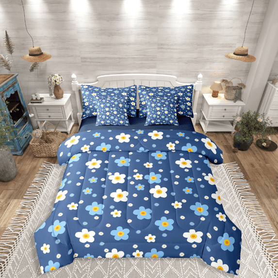 Homewish Kawaii Vintage Flowers 7pcs Bedding Comforter Set For Boys Girls,Blue White Floral Blossoms Queen Bedding Sets Super Cozy,Spring Garden Queen Sheet Sets,Luxury Bedroom Decor,Reversible