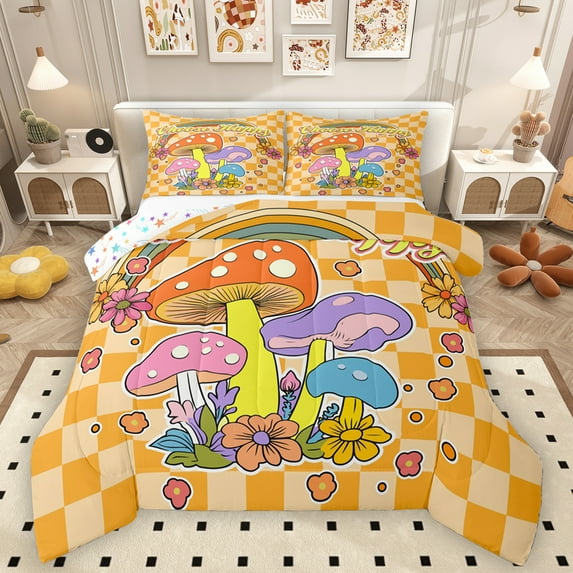 Homewish Kawaii Watercolor Mushroom Queen Comforter Set,Cute Rainbow Flower Bedding Sets,Minimlaist Geometric Grid Bedding Comforter Set For Girl,Breathable Home Decor Reversible,3pcs