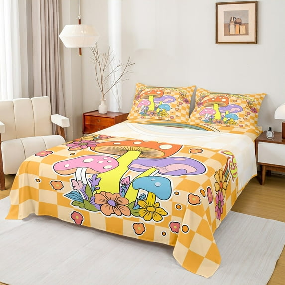 Homewish Kawaii Watercolor Mushroom Twin Sheet Sets,Cute Rainbow Flower Twin Fitted Sheet,Minimlaist Geometric Grid Flat Sheet For Girl,Breathable Home Decor,3-Piece