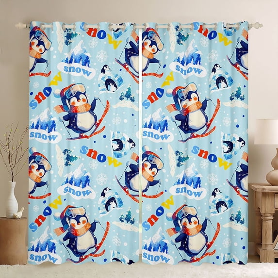 Homewish Kawaii Winter Penguin Curtains Pack of 2 (42x84 Each), Blue Snow Mountain Curtains Blackout, Cartoon Antarctic Animal Bedroom Curtains, Window Curtains Decor