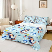 Homewish Kawaii Winter Penguin Twin Sheet Sets, Blue Snow Mountain Twin Fitted Sheet, Cartoon Antarctic Animal Flat Sheet, Ultra Soft Bedroom Decor, 3pcs