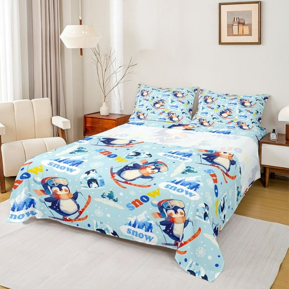 Homewish Kawaii Winter Penguin Twin Sheet Sets, Blue Snow Mountain Twin Fitted Sheet, Cartoon Antarctic Animal Flat Sheet, Ultra Soft Bedroom Decor, 3pcs