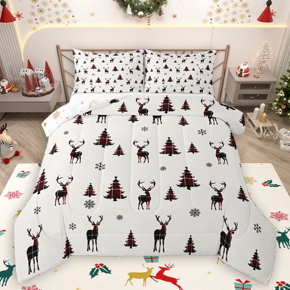 Homewish Kawaii Winter Reindeer Elk Bedding Comforter Set, Cartoon Christmas Tree Twin Comforter Sets, Snow Snowflake Reversible Bedding Set, Lightweight Room Decor, 2pcs