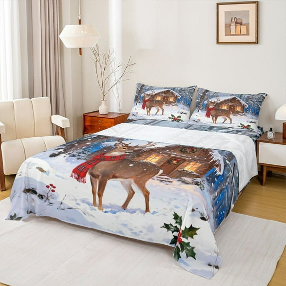 Homewish Kawaii Winter Reindeer Twin Sheet Sets, Rustic Lodge Cabin Twin Fitted Sheet, Western Christmas Festival Flat Sheet, Breathable Home Decor, 3-Piece