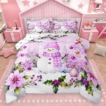 Homewish Kawaii Winter Snowman Bedding Comforter Set for Kids, Christmas Flower Plant Twin Comforter Sets, Cute Cartoon Reversible Bedding Set, Ultra Soft Bedroom Decor, 2-Piece
