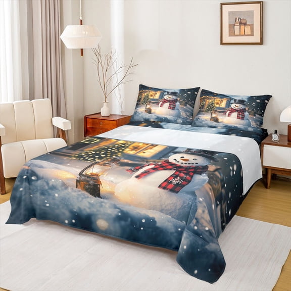 Homewish Kawaii Winter Snowman Queen Sheet Sets, Merry Christmas Flat Sheet, Western Rustic Cabin Queen Fitted Sheet, Luxury Bedroom Decor, 4-Piece