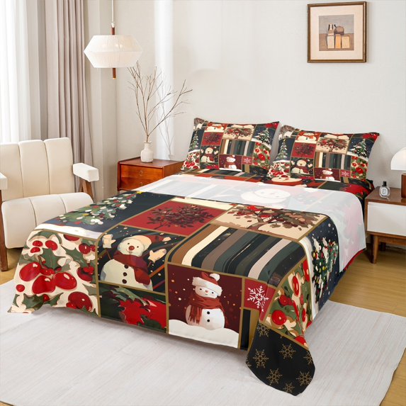 Homewish Kawaii Winter Snowman Twin Sheet Sets for Child, Cartoon Xmas Tree Twin Fitted Sheet, Vintage Christmas Patchwork Flat Sheet, Ultra Soft Bedroom Decor, 3 Pieces