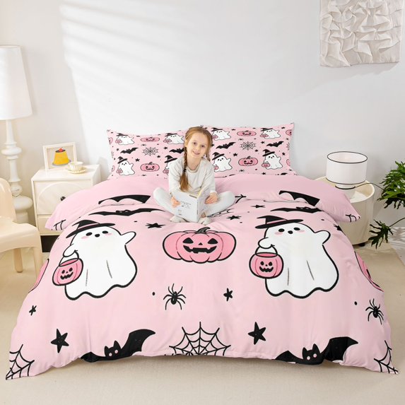 Homewish Kawaii Witch Ghost Bedding for Girls, Cute Spider Web Pumpkin Bat Star Duvet Cover Full, Pink Reversible, 3pcs, 1 Duvet Cover and 2 Pillowcases