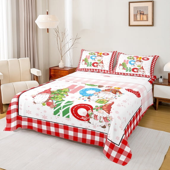 Homewish Kawaii Xmas Gnome Bed Sheets,Chic Christmas Tree King Sheets,Red White Checkered Sheet Set For Girls Kids,Ultra Soft Home Decor,4-Piece