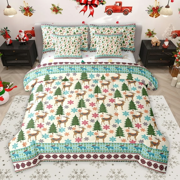 Homewish Kawaii Xmas Reindeer 7-Piece Twin Bedding Sets,Colorful Christmas Snowflake Bedding Comforter Set,Green Beige Blue Sheet Sets For Girl Boy,Luxury Bedroom Decor Reversible