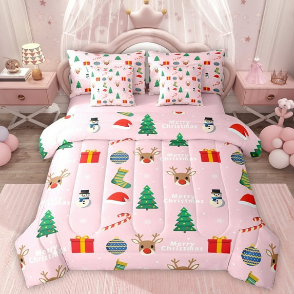 Homewish Kawaii Xmas Snowman 7pcs Bedding Comforter Set,Wild Christmas Reindeer Queen Bedding Sets,Happy New Year Queen Sheet Sets For Kids,Luxury Bedroom Decor Reversible