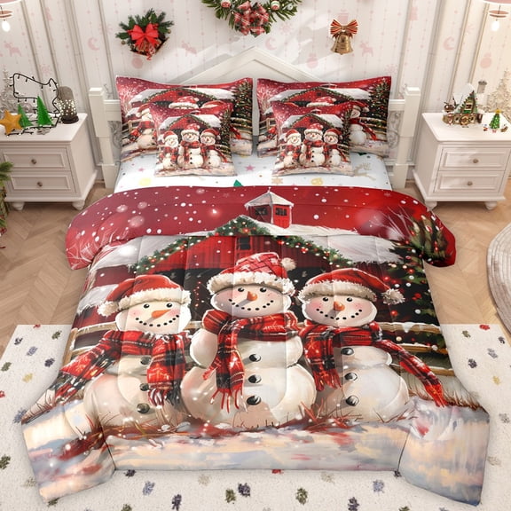 Homewish Kawaii Xmas Snowman Bedding Comforter Set 7 Pieces for Kids Children Teens,Lodge Cabin Full Bedding Set Lightweight,Merry Christmas Fitted Sheet Flat Sheet,Lightweight Room Decor,Reversible