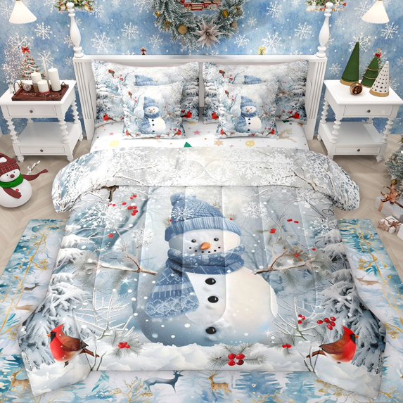 Homewish Kawaii Xmas Snowman Snowflake Twin Bedding Sets 7-Piece for Kids Children Teens,Red Sparrows Bedding Comforter Set Microfiber,Merry Christmas Breathable Sheet Sets,Lightweight Room Decor