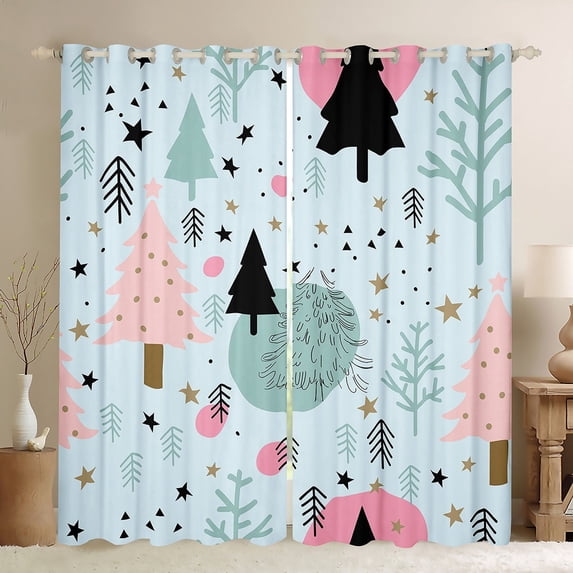 Homewish Kawaii Xmas Tree Blackout Curtains Set of 2 (52x84 Each), Blue Dreamy Christmas Window Curtains, Teens Kids Boys Girls Curtains and Drapes, Black Out Curtains Decor