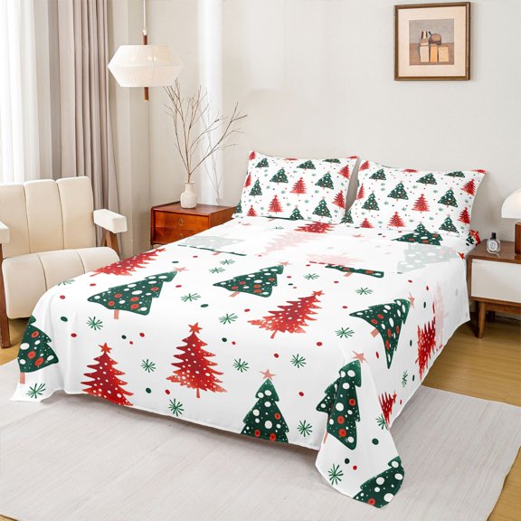 Homewish Kawaii Xmas Tree Full Size Sheets 4-Piece for Female Men Adults,Merry Christmas Breathable Bed Sheets,Polka Dots Lightweight Sheet Sets,Microfiber Bedroom Decor