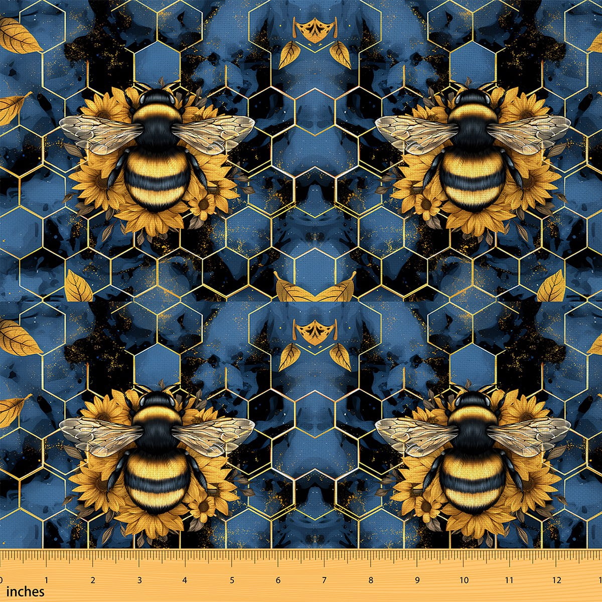 Homewish Kawaii Yellow Bee Fabric by the Yard 1 Yard,Geometric Hexagon Hoceycomb Home Decor Fabric by the Yard,Rustic Gold Leaves Sewing Fabric For Kids Boys,Microfiber Bedroom Decor