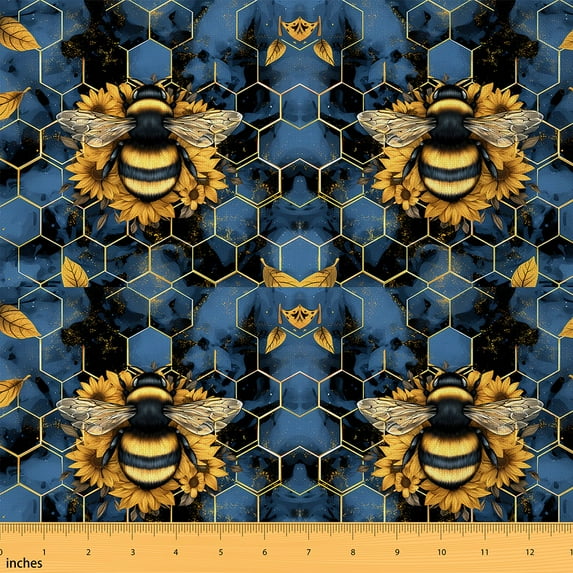 Homewish Kawaii Yellow Bee Fabric by the Yard 2 Yard,Geometric Hexagon Hoceycomb Room Decor Fabric by the Yard,Rustic Gold Leaves Fabric for Sewing For Kids Boys,Microfiber Bedroom Decor