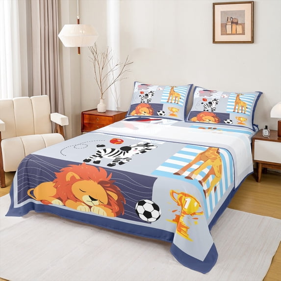 Homewish Kawaii Zoo Animal Bed Sheets for Kids, Lion Zebra Giraffe King Sheets, Cartoon Patchwork Sheet Set, Ultra Soft Bedroom Decor, 4pcs