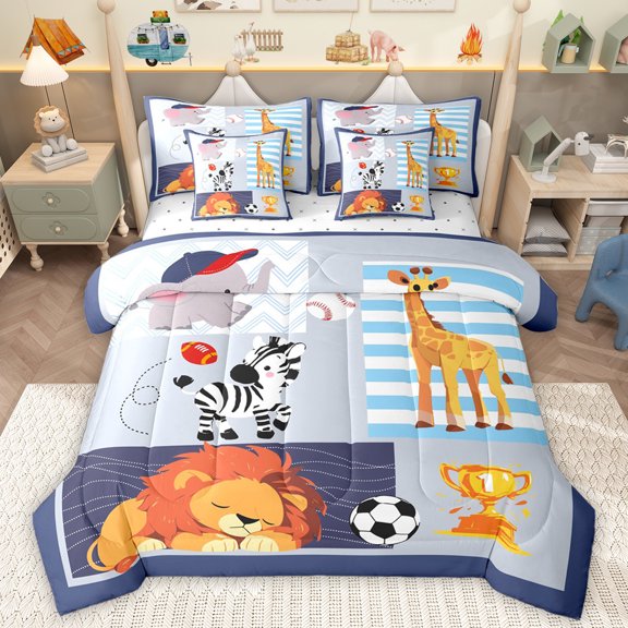 Homewish Kawaii Zoo Animal Twin Bedding Sets 7-Piece for Kids, Lion Zebra Giraffe Bedding Comforter Set, Cartoon Patchwork Reversible Sheet Sets, Ultra Soft Bedroom Decor