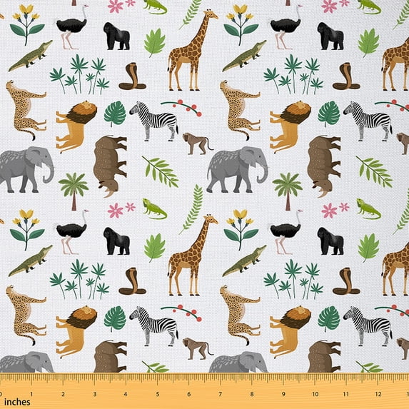 Homewish Kawaii Zoo Animals Fabric by the Yard 1 Yard for Kids, Cartoon Lion Elephant Room Decor Fabric by the Yard, Palm Botanical Sewing Fabric, Lightweight Room Decor
