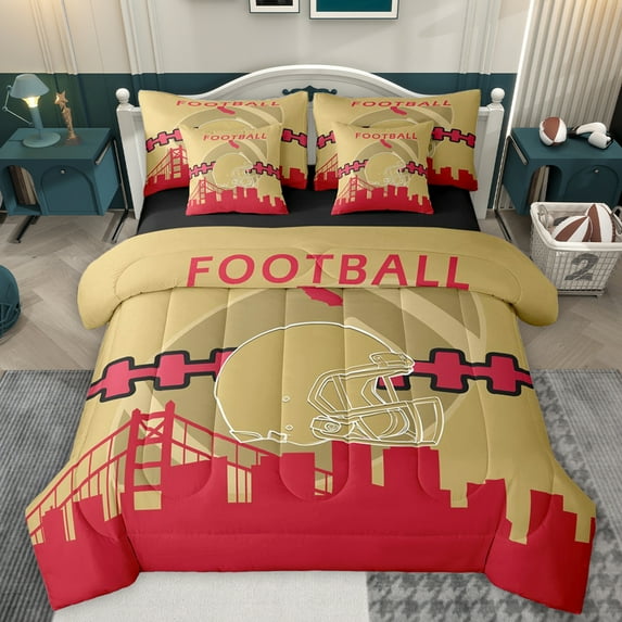 Homewish Khaki Rugby Helmet Bedding Comforter Set 7pcs for Boys, Est Sleep Sport King Bedding Sets, Cartoon Football Theme Reversible Bed Sheets, Crimson Lightweight Room Decor