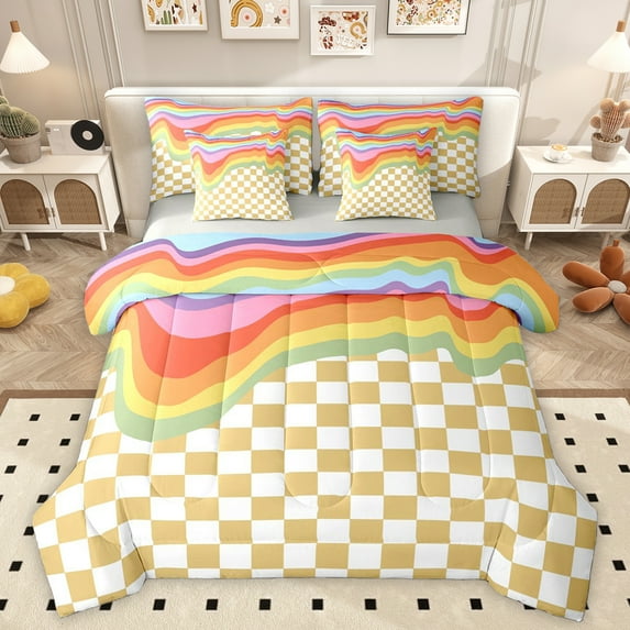 Homewish Khaki Square Buffalo Bedding Comforter Set for Kids, Kawaii Rainbow Line King Bedding Sets, Cute Cartoon Checkered Reversible Bed Sheets, Breathable Home Decor