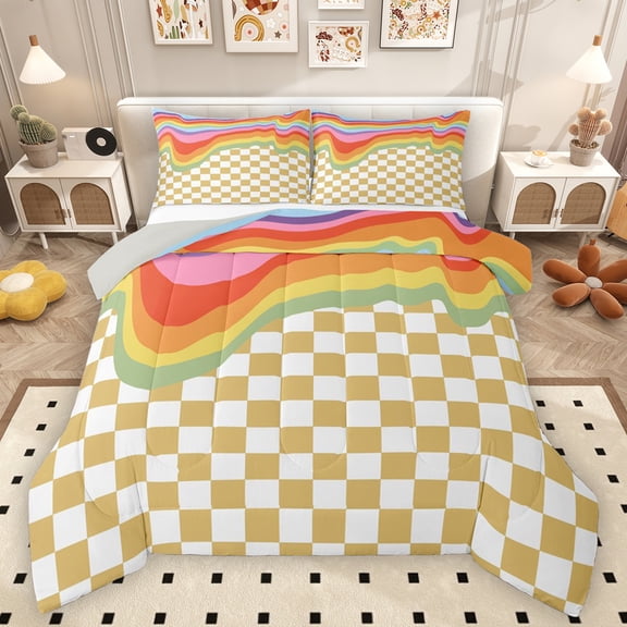 Homewish Khaki Square Buffalo Bedding Comforter Set for Kids, Kawaii Rainbow Line Twin Comforter Sets, Cute Cartoon Checkered Reversible Bedding Set, Breathable Home Decor, 2 Pieces