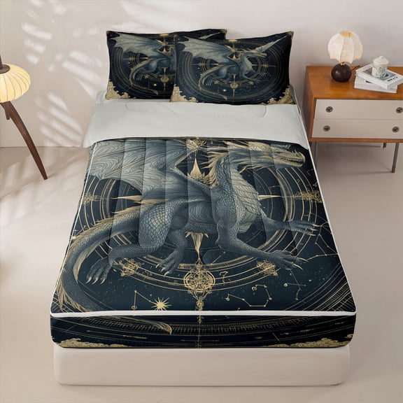 Homewish Kid Cartoon Dragon Zipper Twin Comforter Sets with Fitted Sheet and 2 Pillowcases, Western Constellation Zipper Bedding Set, Gray Reversible, 4-Piece