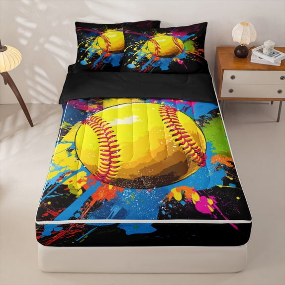 Homewish Kid Cartoon Softball Zipper Twin Comforter Sets with Fitted Sheet and 2 Pillowcases, Watercolor Splash Zipper Bedding Set, Black Reversible, 4-Piece